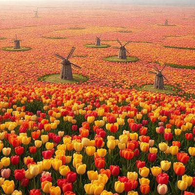 The primary subject of the image is a field of flowers, predominantly yellow tulips. The setting is a grassy field with a backdrop of a sky. The visual style is a photo, capturing the beauty of the flowers in their natural environment. The colors and mood of the image are vibrant and cheerful, with the yellow tulips standing out against the green grass and blue sky.